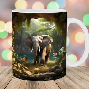 3D Elephant Mug Wrap, 11oz & 15oz Mug Template, Mug Sublimation Design, Hole In A Wall Mug Wrap Template, Instant Digital Download PNG