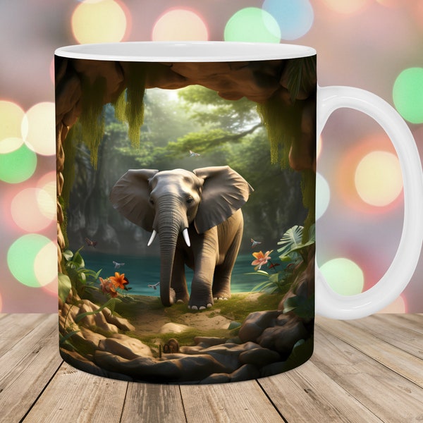 3D Elephant Mug Wrap, 11oz & 15oz Mug Template, Mug Sublimation Design, Hole In A Wall Mug Wrap Template, Instant Digital Download PNG