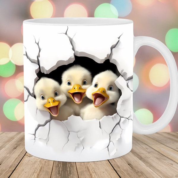 3D Three Baby Ducks Mug Wrap, 11oz & 15oz Mug Template, Mug Sublimation Design, Hole In A Wall Mug Template, Instant Digital Download PNG