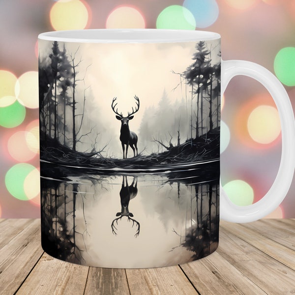 Deer Reflection Mug Wrap, 11oz And 15oz Mug Template, Lake Mug Sublimation Design, Forest Mug Wrap Template, Instant Digital Download PNG