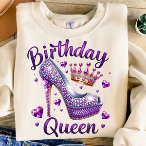 Geburtstagskönigin Png, Sublimationsdesign, lila Glitzerherzen Png, Geburtstag Png, Krone Png, T-Shirt-Design, digitaler Download Png, DTF