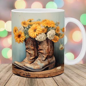 Cowboy Boots Mug Wrap, 11oz And 15oz Mug Template, Mug Sublimation Design, Yellow Flowers Mug Wrap Template, Instant Digital Download PNG