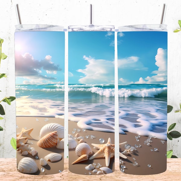 Seashells Beach Ocean 20 oz Skinny Tumbler Sublimation Design, Straight & Tapered Tumbler Wrap, Instant Digital Download PNG