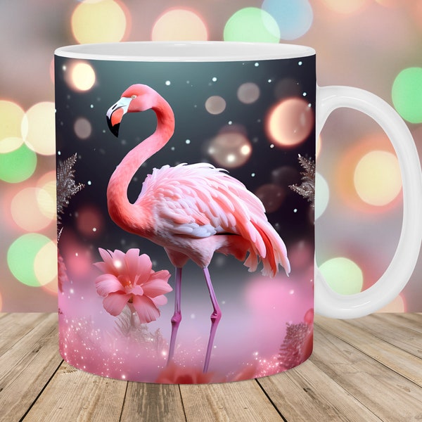 Emballage de tasse 3D flamant rose, modèle de tasse 11 oz et 15 oz, conception de sublimation de tasse de fleurs, modèle d'emballage de tasse, téléchargement numérique instantané PNG