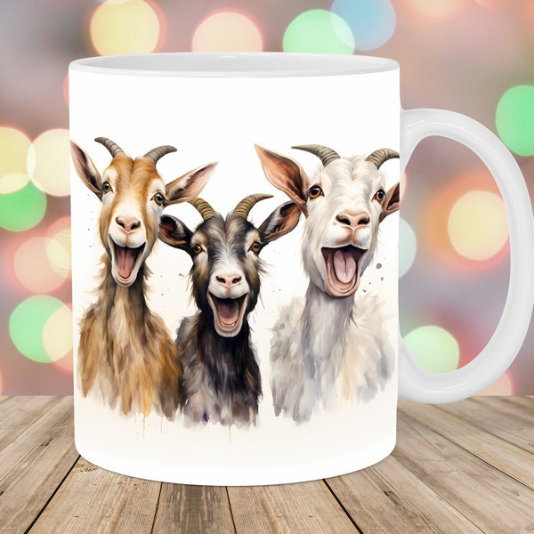 Watercolor Funny Goats Mug Wrap, 11oz & 15oz Mug Template, Mug Sublimation Design, Mug Wrap Template, Instant Digital Download PNG