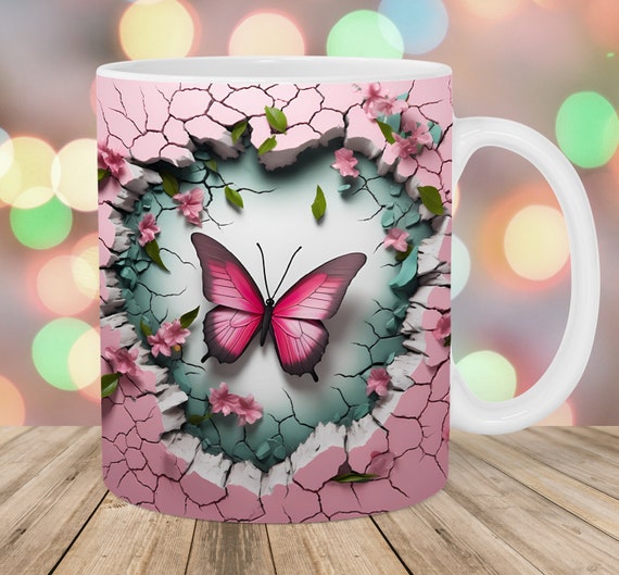 3D Crack In A Wall Pink Butterfly Mug Wrap, 11oz And 15oz Mug Template, Flowers Mug Sublimation Design, Instant Digital Download PNG