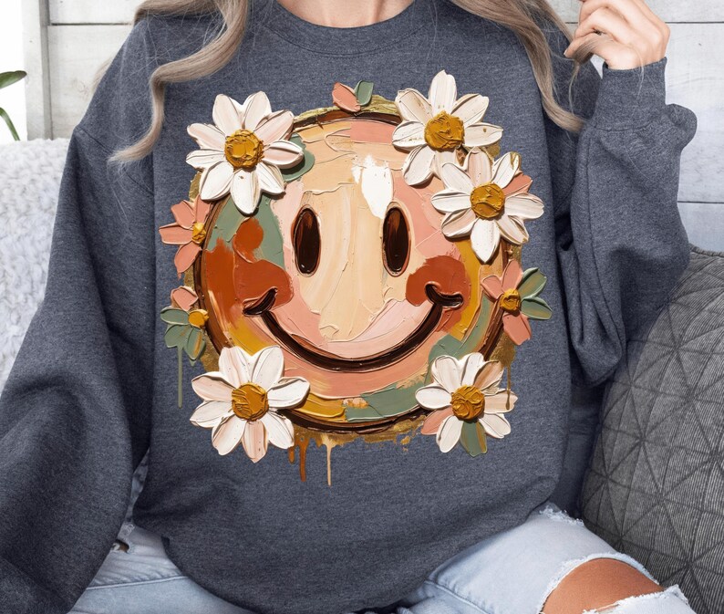 Painted Smiley Face Png, Sublimation Design, Flowers Png, Retro Png ...