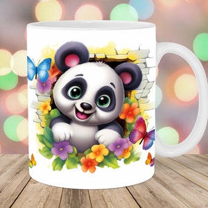 Agujero de panda 3D en una envoltura de taza de pared, plantilla de taza de 11 oz y 15 oz, diseño de sublimación de taza, plantilla de envoltura de taza de flores, descarga digital instantánea PNG