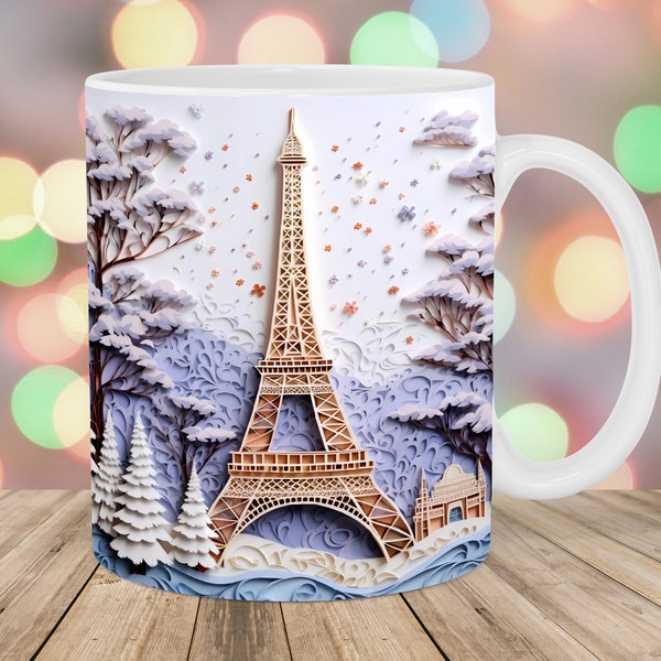 3D Eiffel Tower Mug Wrap, 11oz & 15oz Mug Template, Winter Mug Sublimation Design, Christmas Mug Wrap Template, Instant Digital Download PNG