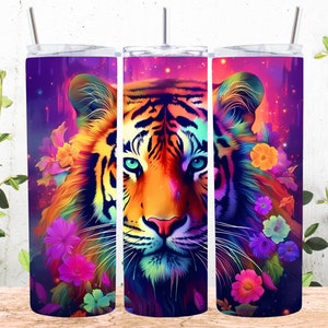 Colorful Neon Tiger 20 oz Skinny Tumbler Sublimation Design, Straight And Tapered Tumbler Wrap, Instant Digital Download PNG