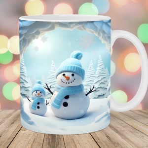 3D Snowmen Mug Wrap, 11oz And 15oz Mug Template, Hole In A Wall Mug Sublimation Design, Mug Wrap Template, Instant Digital Download PNG