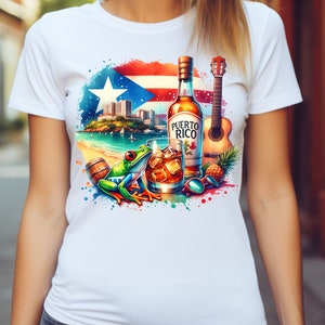 May include: White t-shirt with a colourful watercolour design featuring a Puerto Rican flag, a bottle of rum labelled "Puerto Rico", a glass of rum with ice, a guitar, a pineapple, and a green tree frog.