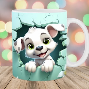 3D Dalmatian Hole In A Wall Mug Wrap, 11oz & 15oz Mug Template, Mug Sublimation Design, Puppy Mug Template, Instant Digital Download PNG