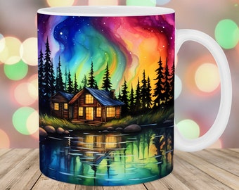 Kolorowe opakowanie na kubek Northern Lights, szablon kubka 11oz i 15oz, projekt sublimacji kubka, szablon opakowania kubka kabinowego, natychmiastowe pobieranie cyfrowe PNG