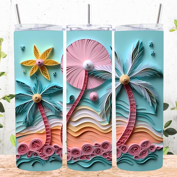 3D Palm Trees Beach Ocean Landscape 20 oz Skinny Tumbler Sublimation Design, Straight & Tapered Tumbler Wrap, Instant Digital Download PNG