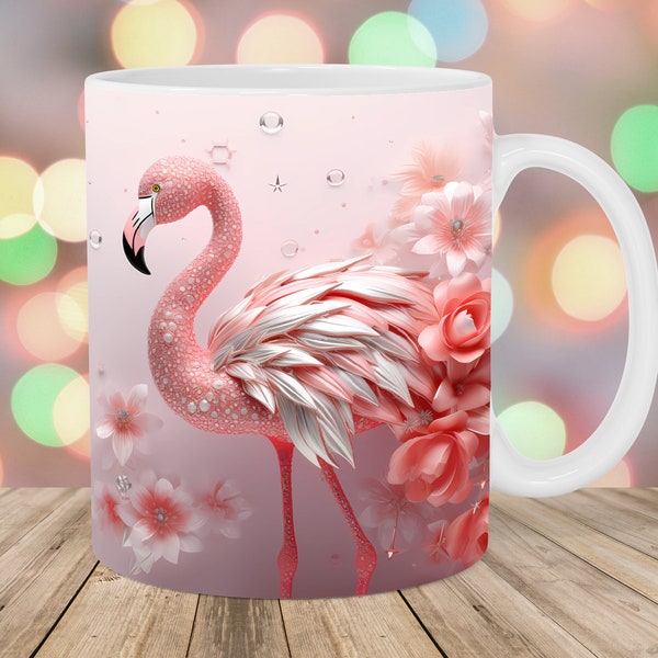 Emballage de tasse flamant rose 3D, modèle de tasse 11 oz et 15 oz, conception de sublimation de tasse, modèle d'emballage de tasse de fleurs roses, téléchargement numérique instantané PNG