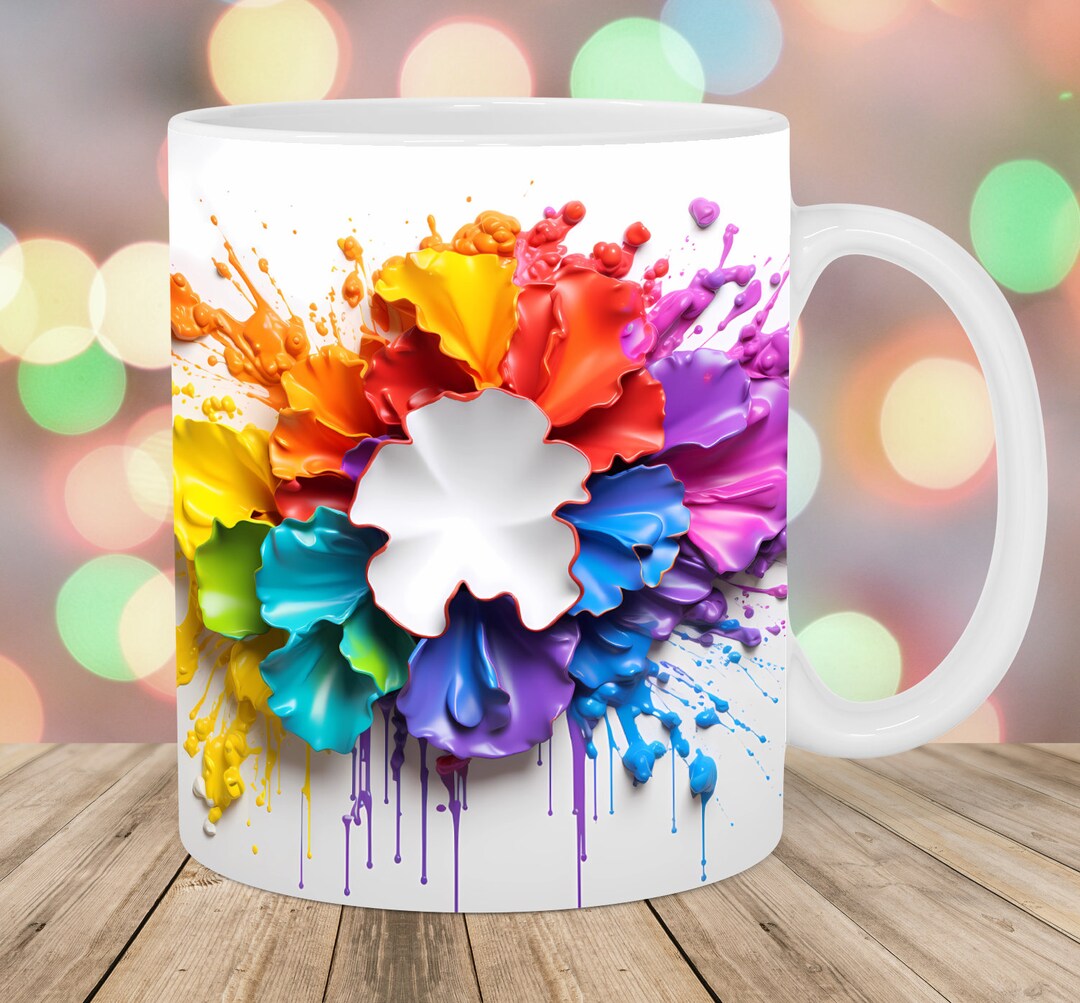 3D Colorful Rainbow Paint Splash Mug Wrap, 11oz &15oz Mug Template, Mug