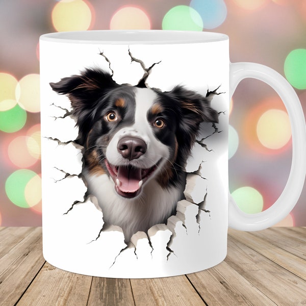 Envoltura de taza de pastor australiano 3D, plantilla de taza de 11 oz y 15 oz, diseño de sublimación de taza de agujero en una pared, envoltura de taza de perro, descarga digital instantánea PNG