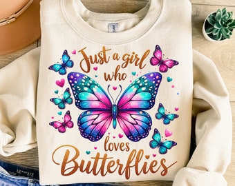Just A Girl Who Loves Butterflies Png, Sublimation Design, Gold Glitter Butterfly Png, Trendy Png, T-Shirt Design, Instant Download Png, DTF