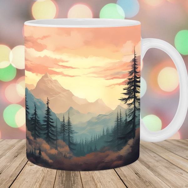 Mountain Forest Landscape Mug Wrap, 11oz And 15oz Mug Template, Mug Sublimation Design, Mug Wrap Template, Instant Digital Download PNG