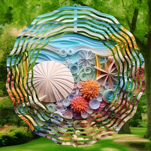 May include: A colorful paper craft wind spinner with a seashell, flowers, and waves. The wind spinner is made of paper and is designed to spin in the wind.