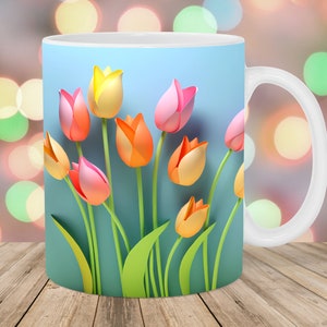 3D Gelb Rosa Tulpen Becherverpackung, 11 Unzen und 15 Unzen Bechervorlage, Becher Sublimationsdesign, Blumen Becherverpackungsvorlage, sofortiger digitaler Download PNG