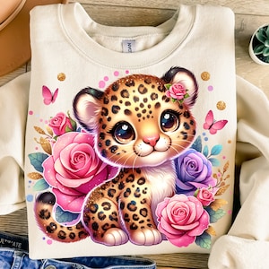 Baby Leopard Png, Sublimation Design, Cute Leopard Clipart, Pink Roses Digital Image, Kids Png, T-Shirt Design, Instant Download Png