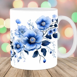 Blue Flowers Mug Wrap, 11oz And 15oz Mug Template, 3D Mug Sublimation Design, Mug Wrap Template, Instant Digital Download PNG