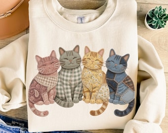 Gatos em patchwork PNG, Design para sublimação, Amante de gatos PNG, Gatinho PNG, PNG retrô, Mãe de gato PNG, Design para camiseta, Download digital instantâneo PNG, DTF