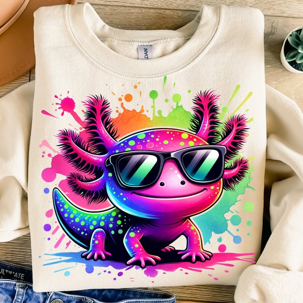 Cute Neon Axolotl Shirt PNG for Sublimation