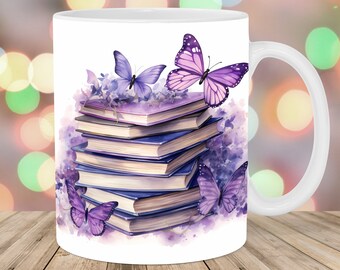 Watercolor Books Mug Wrap, 11oz & 15oz Mug Template, Mug Sublimation Design, Butterflies Mug Wrap Template, Instant Digital Download PNG