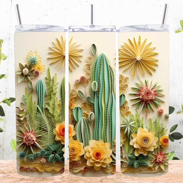 3D Cactus Flowers 20 oz Skinny Tumbler Sublimation Design, Straight And Tapered Tumbler Wrap, Instant Digital Download PNG