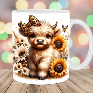 Highland Cow Mug Wrap, 11oz & 15oz Mug Template, Leopard Bow Mug Sublimation Design, Sunflower Mug Template, Instant Digital Download PNG
