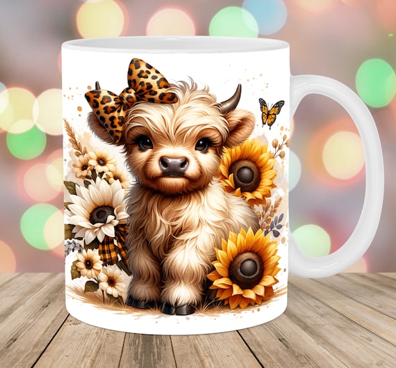 Highland Cow Mug Wrap, 11oz & 15oz Mug Template, Leopard Bow Mug Sublimation Design, Sunflower Mug Template, Instant Digital Download PNG