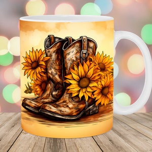 Cowboy Boots Mug Wrap, 11oz And 15oz Mug Template, Mug Sublimation Design, Sunflowers Mug Wrap Template, Instant Digital Download PNG