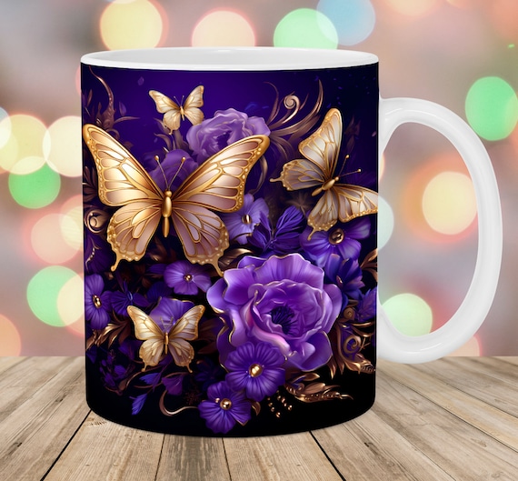 Gold Purple Butterflies Mug Wrap, 11oz & 15oz Mug Template, Mug Sublimation Design, Flower Mug Wrap Template, Instant Digital Download PNG