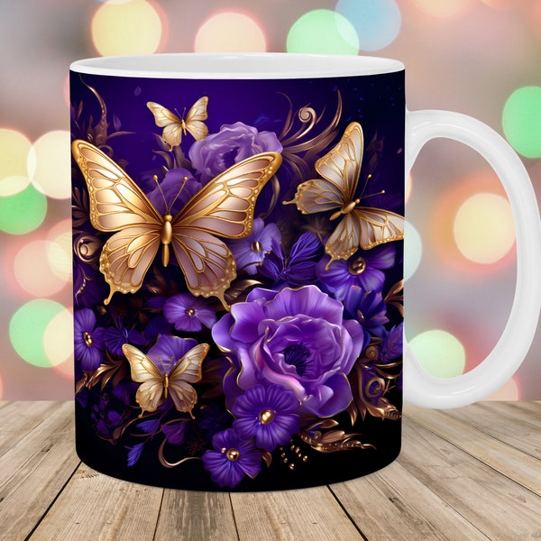 Gold Purple Butterflies Mug Wrap, 11oz & 15oz Mug Template, Mug Sublimation Design, Flower Mug Wrap Template, Instant Digital Download PNG