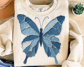Faux Denim Butterfly Western Boho Shirt PNG for Sublimation