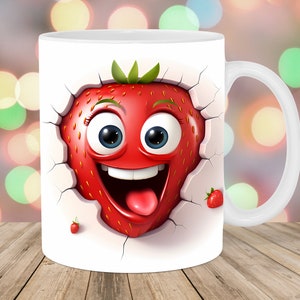 3D aardbei mok wrap, 11oz en 15oz mok sjabloon, mok sublimatie ontwerp, gat in een muur mok wrap sjabloon, instant digitale download PNG