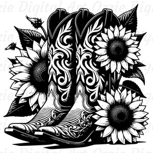 ヤマト　WESTERN SHIRTS アメリカン・アート・デザイン 洋書 Western American Cowboy Boots With Sunflowers Png