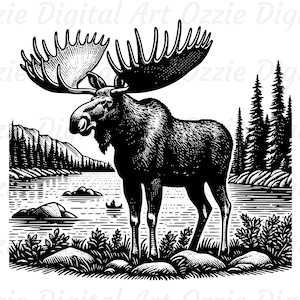 Moose Svg And Png, Moose Clipart, Wild Animal Vector Image, Forest Moose Silhouette, Lake Landscape Sublimation Design, Moose Cut File