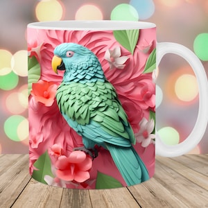 3D Parrot Mug Wrap, 11oz And 15oz Mug Template, Mug Sublimation Design, Flowers Mug Wrap Template, Instant Digital Download PNG