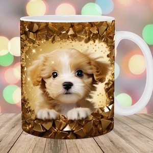 3D Puppy Hole In A Wall Mug Wrap, 11oz & 15oz Mug Template, Sublimation Design, Gold Glitter Mug Template, Instant Digital Download PNG