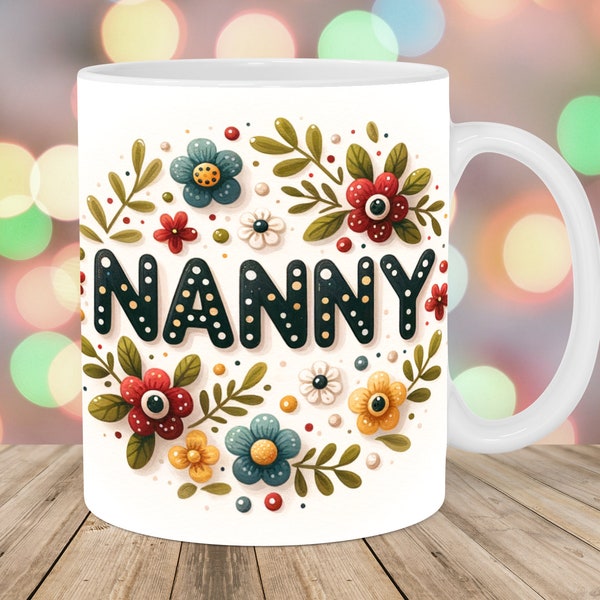 Polka Dot Nanny Mug Wrap, 11oz And 15oz Mug Template, Flower Mug Sublimation Design, Retro Mug Wrap Template, Instant Digital Download PNG