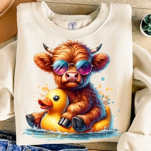 Cute Highland Cow Png, Projekt Sublimacji, Clipart Gumowej Kaczki, Cyfrowy Obraz Krowy, Lato Png, Projekt Koszulki, Natychmiastowe Pobieranie Cyfrowe Png