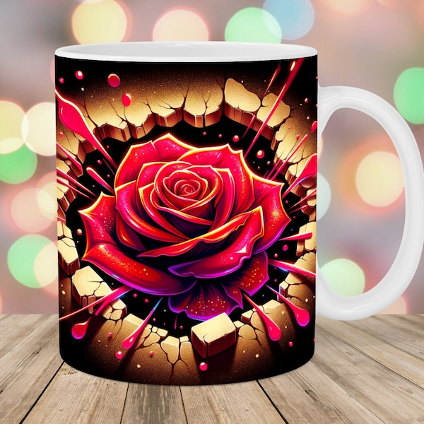 Rose rouge 3D trouée dans un mur noir, modèle de tasse 11 oz et 15 oz, conception de sublimation de tasse, modèle d'emballage de tasse, téléchargement numérique instantané PNG