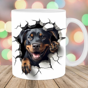 3D Rottweiler Hole In A Wall Mug Wrap, 11oz & 15oz Mug Template, Mug Sublimation Design, Dog Mug Wrap Template, Instant Digital Download PNG