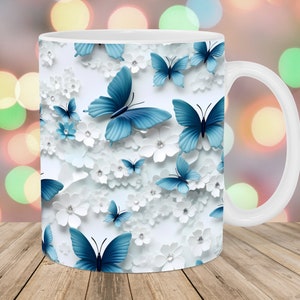 Involucro tazza 3D con farfalle bianche blu, modello tazza da 11 once e 15 once, design sublimazione tazza, modello avvolgente tazza con fiori, download digitale istantaneo PNG