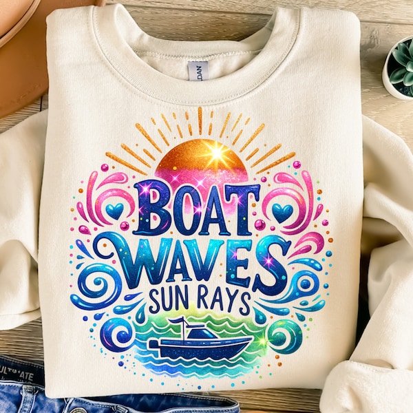 Boat Waves Png, Sublimation Design, Sun Rays Clipart, Boat Digital Image, Sun Png, T-Shirt Design, Instant Digital Download Png