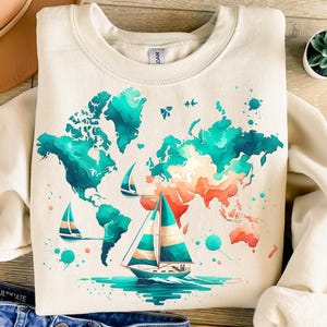 Mapa del mundo (Png), Diseño de sublimación, Navegación (Png), Barco (Png), Viajes (Png), Aventura (Png), Diseño de moda (Png), Diseño de camiseta, Descarga digital (Png), DTF